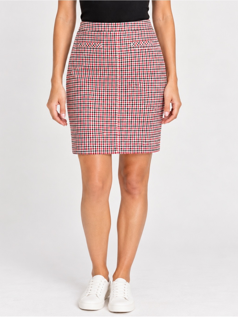 Talbots Women’s Petite 8P Plaid Pencil Skirt Red White Black High Rise Lined NWT